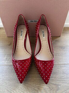 Miu Miu Vernice Heels in Rosso: Red Leather Heels with Small Metals Studs in 5.5
